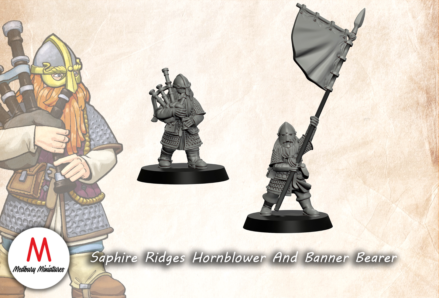 Sapphire Ridges Dwarven Banner and Hornblower (bagpipes) - Medbury Miniatures