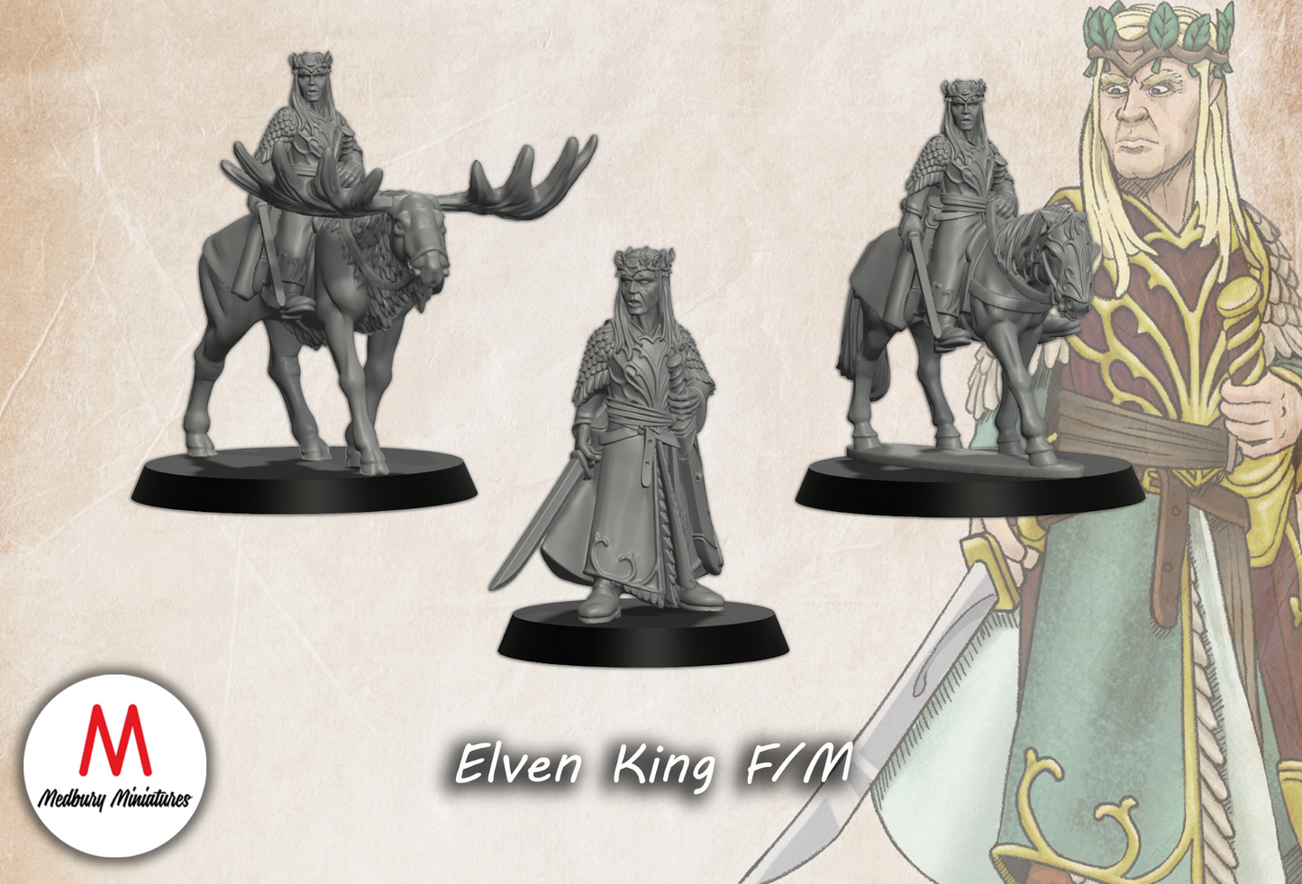 Elven King on Foot and Mounted on Horse and Elk - Medbury Miniatures