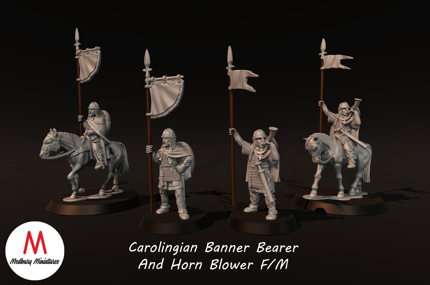 Carolingian Banner Bearer And Hornblower on Foot and Mounted - Medbury Miniatures