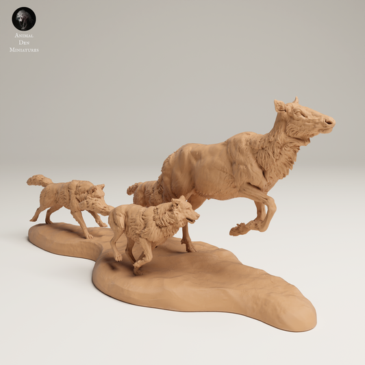 Grey Wolves Hunting Elk Cow - Animal Den Miniatures