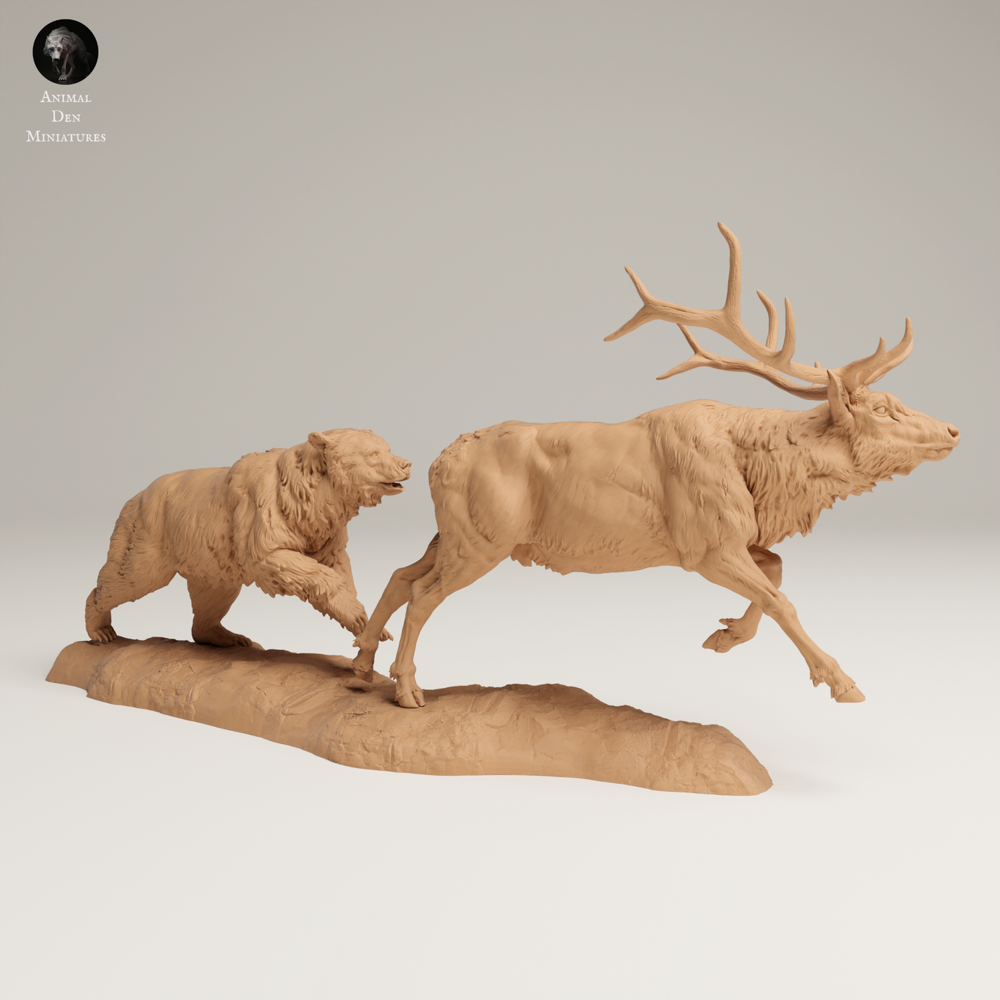 Grizzly Chasing Rocky Mountain Elk - Animal Den Miniatures