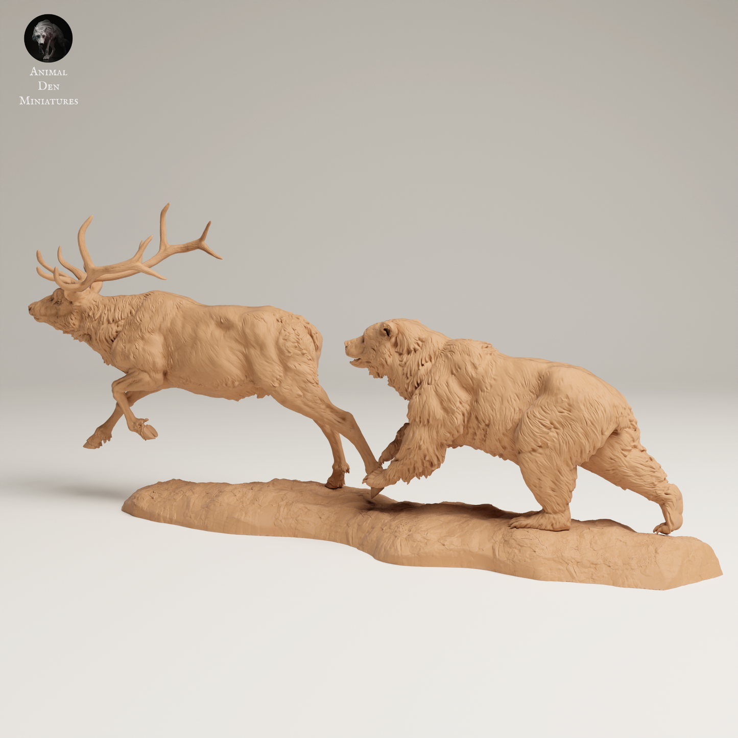 Grizzly Chasing Rocky Mountain Elk - Animal Den Miniatures