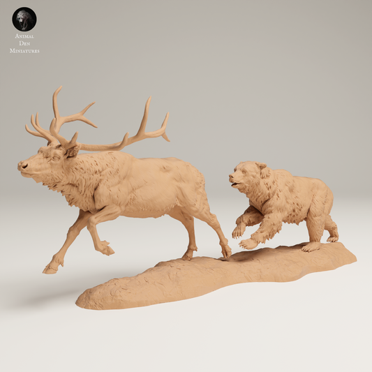 Grizzly Chasing Rocky Mountain Elk - Animal Den Miniatures