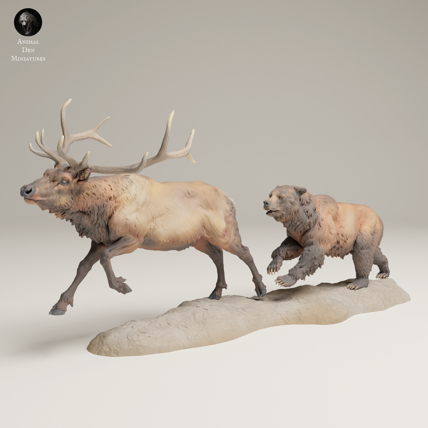 Grizzly Chasing Rocky Mountain Elk - Animal Den Miniatures